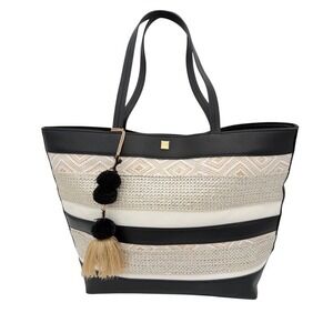 Kate Landry Woven Straw Beach Tote Bag Black Trim Pom Pom Tassel Large NWOT